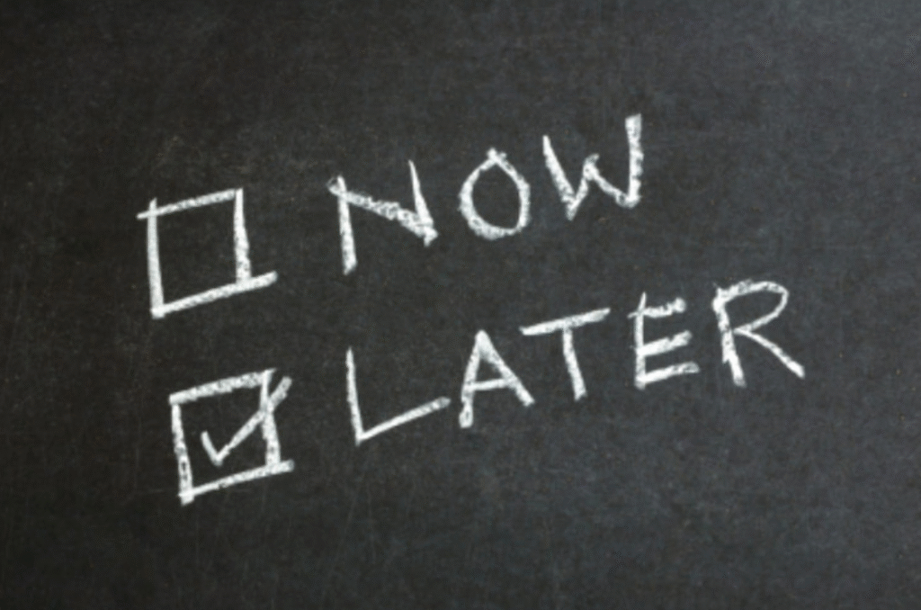 Chalkboard with two options: "Now" unchecked and "Later" checked.