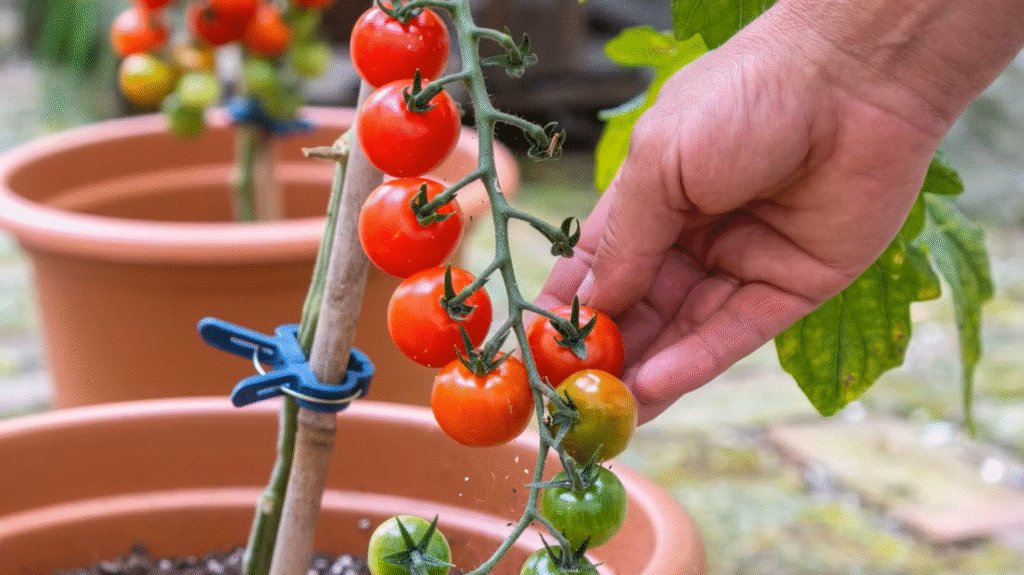 Freshly Picked Tomatoes in a Garden::A hand reaches to harvest ripe red tomatoes from a vine, surrounded by potted plants.